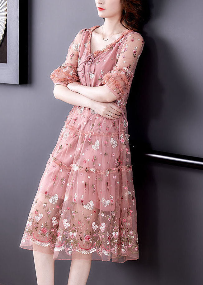 Pink Ruffled Embroidered Exra Large Hem Tulle Cinched Dress Summer