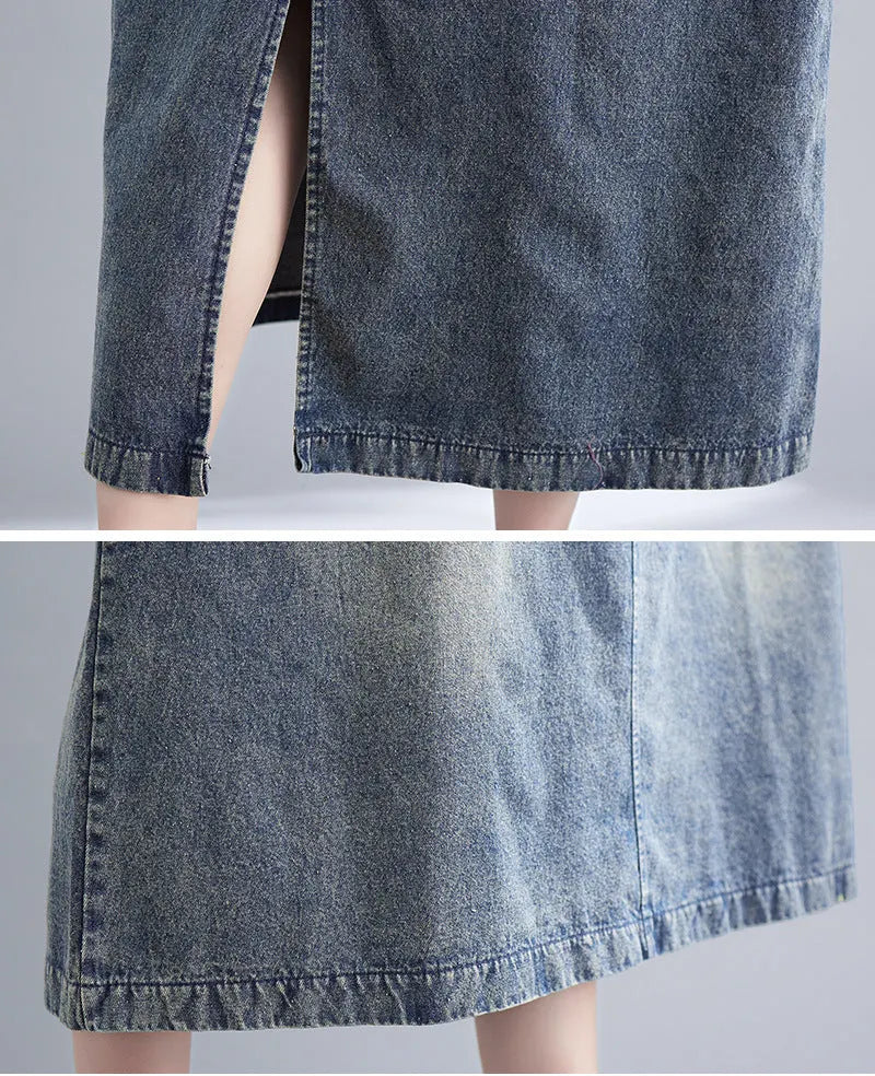 Literary Washed V-neck Sleeveless Denim Dress