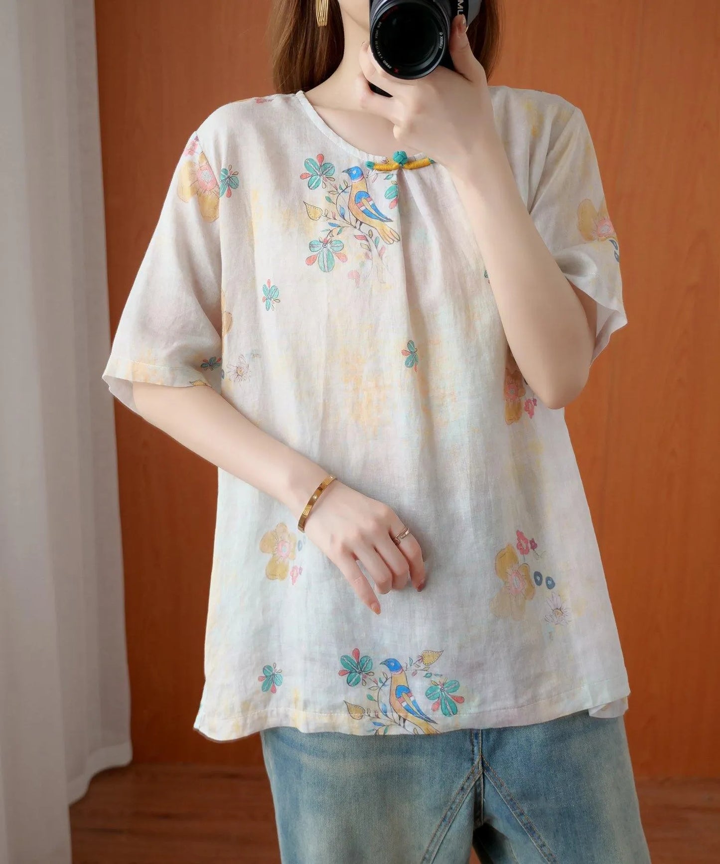 Beige Gray Print Blouses O Neck Silhouette Top