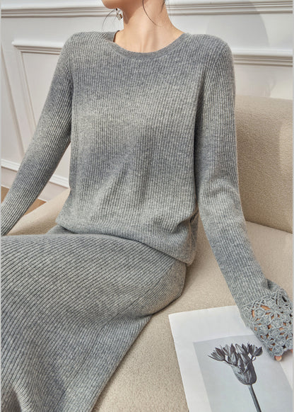 Simple Grey Hollow Out Sweaters and Skirts Knit Two Pieces Set Winter