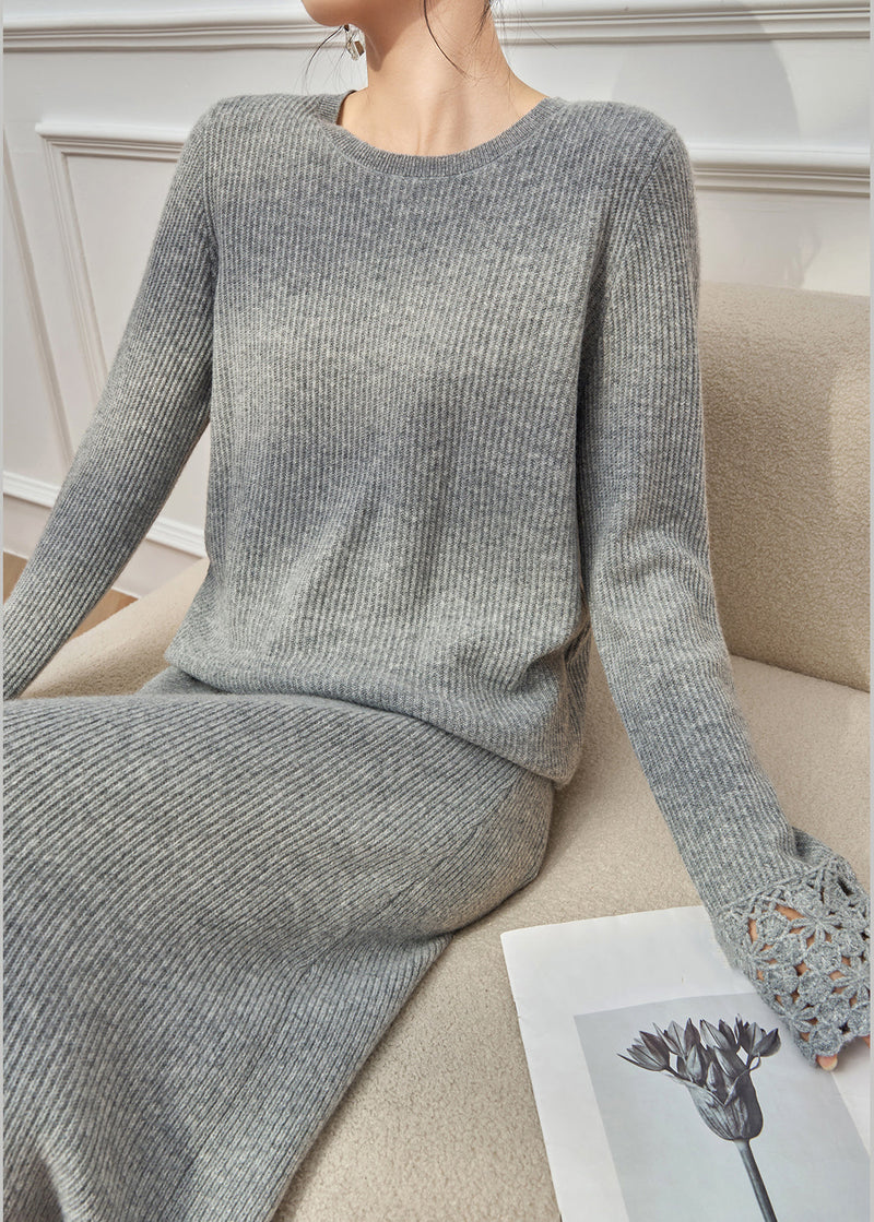 Simple Grey Hollow Out Sweaters and Skirts Knit Two Pieces Set Winter
