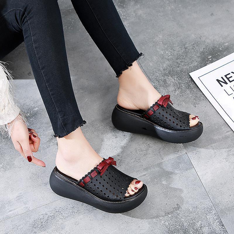 Leather Hollow Out Wedge Slippers