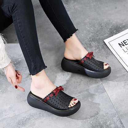 Leather Hollow Out Wedge Slippers