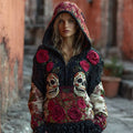 Day Of The Dead Sugar Skulls Roses Cozy Knit Hooded Sweater elevenforest