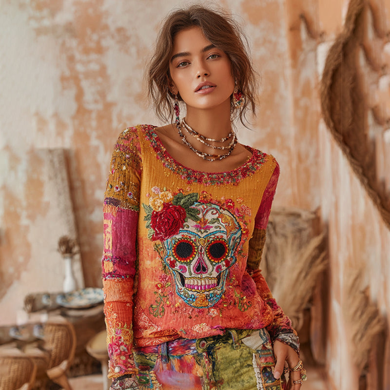 Women's Classic Mexican Sugar Skeleton Catrina Day Of The Dead Inspired Painting Embroidered Casual Linen Long Sleeve T-shirt elevenforest