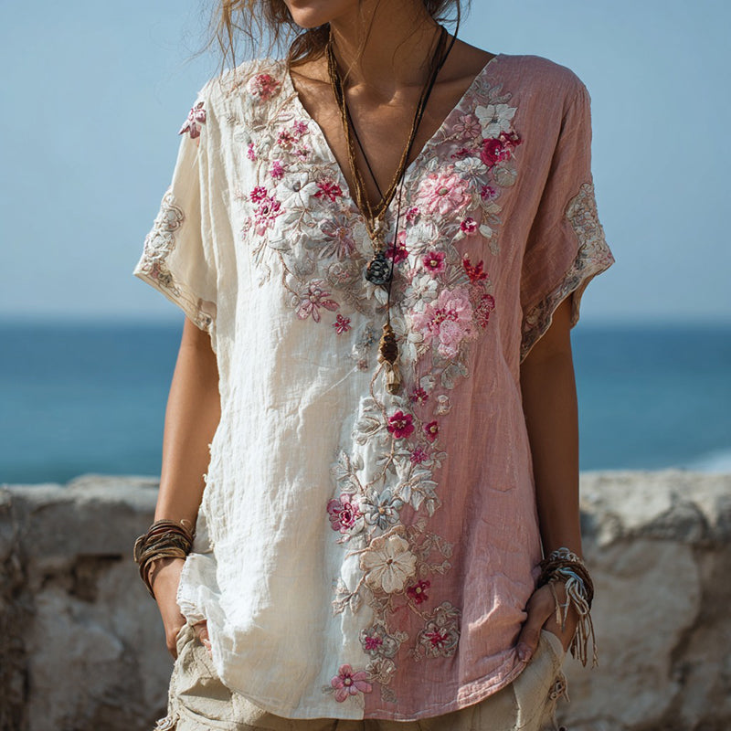 Women's Retro Floral Stitching Contrast Color Casual V-neck T-shirt elevenforest