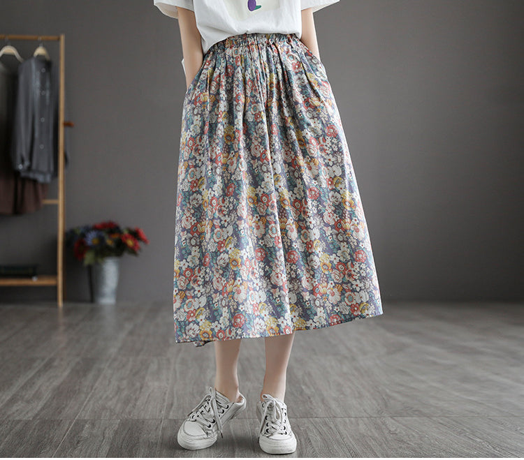 Literary Pleated Elastic Waist A-line Skirt