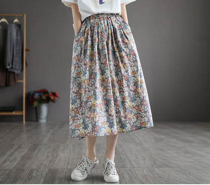 Literary Pleated Elastic Waist A-line Skirt