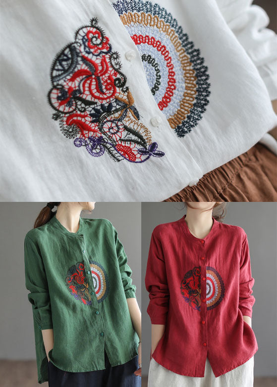 Stylish Red O-neck Button Linen Blouses Top Long Sleeve