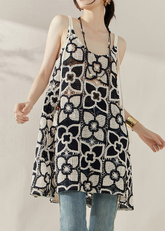 Style Black Embroidered Hollow Out Mid Spaghetti Strap Dress Summer