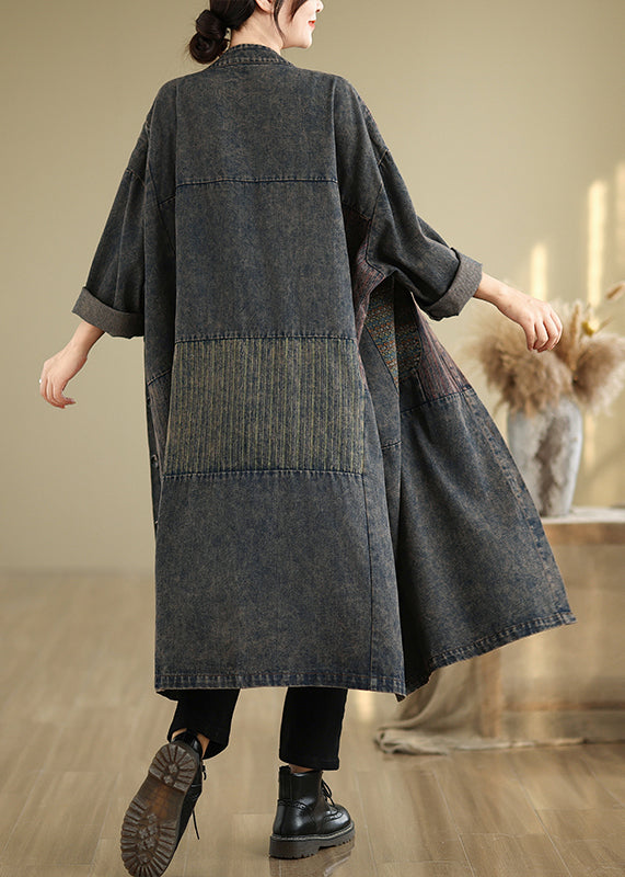 Black Stand Collar Pockets Patchwork Long Trench Coat Fall