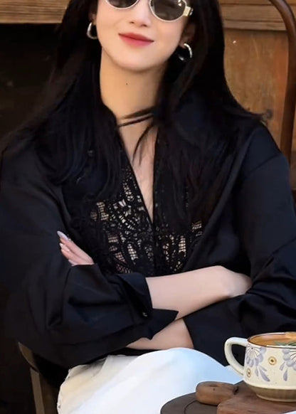 Black Oversized Patchwork Lace Hollow Out Shirt Tops Fall