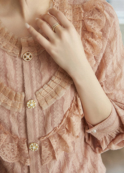Pink Ruffled Tulle Patchwork Lace Top Fall