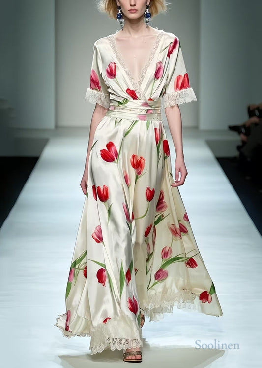 White Print Patchwork Lace Long Dress Summer