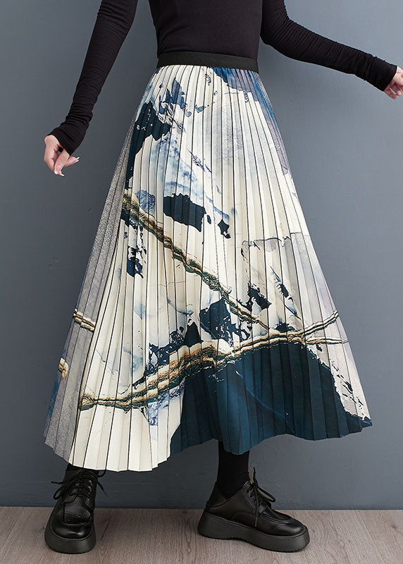Print Patchwork Elastic Waist a Line Skirt Fall
