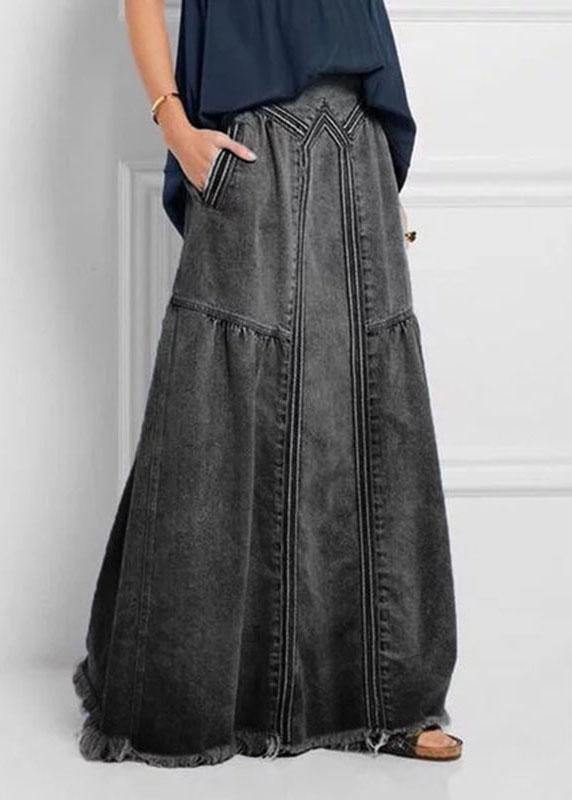Distressed Color Elastic Waist Loose Denim Skirt With Pocket