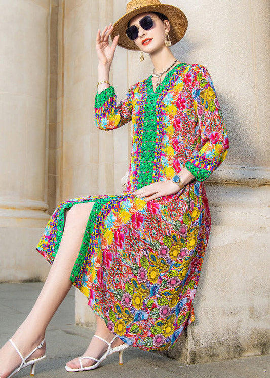 V Neck Print Pockets Silk Dress Long Sleeve