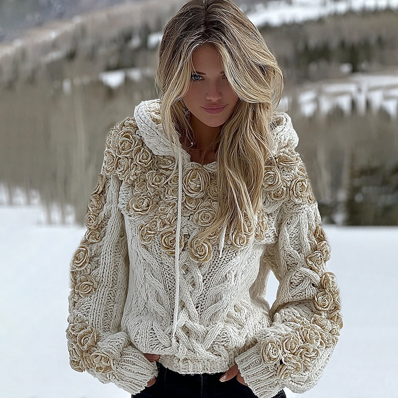Comstylish Women's White Rose Aran Classic Cable Hooded Sweater