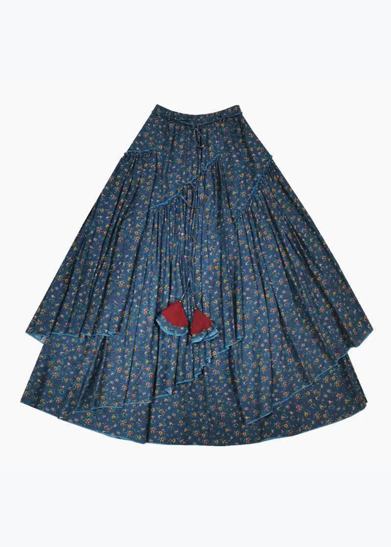 Blue Asymmetrical Print Elastic Waist Cotton Skirts Spring