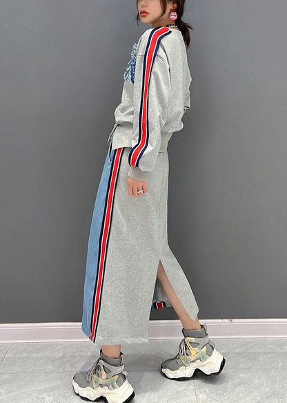 Grey O-neck Patchwork Pullover and Skirts Two Piece Suit Set Fall