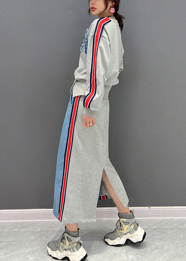 Grey O-neck Patchwork Pullover and Skirts Two Piece Suit Set Fall
