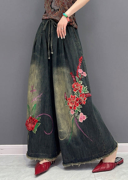Navy Embroidered Tie Waist Elastic Waist Pockets Wide Leg Pants Summer