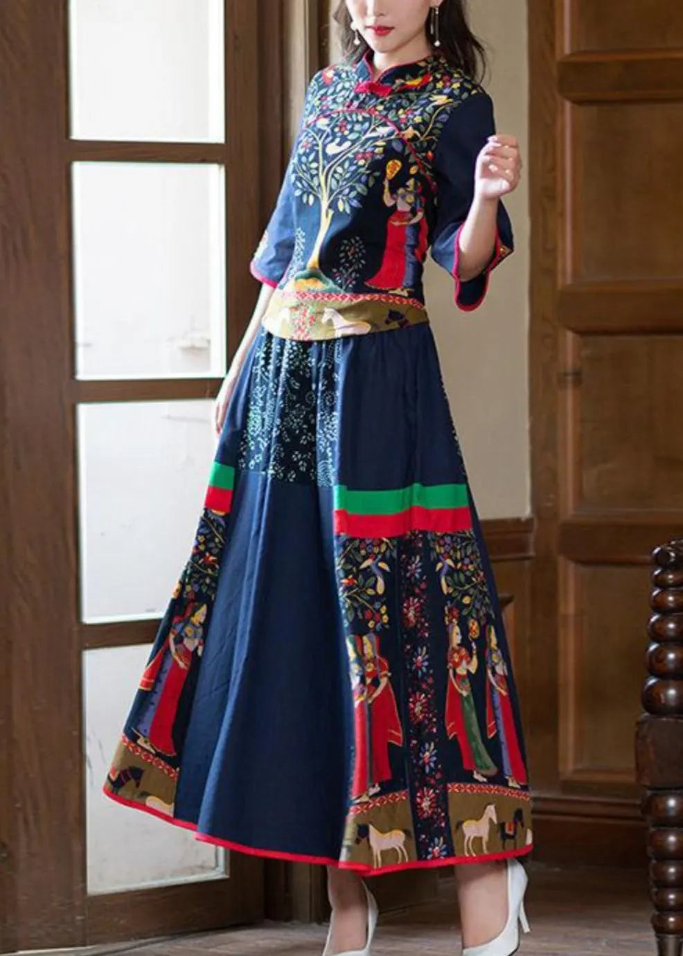 Navy Stand Collar Tops and Skirts Cotton Two Pieces Set Spring