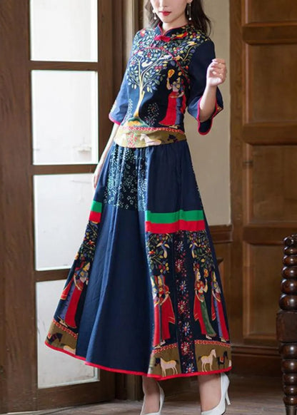 Navy Stand Collar Tops and Skirts Cotton Two Pieces Set Spring