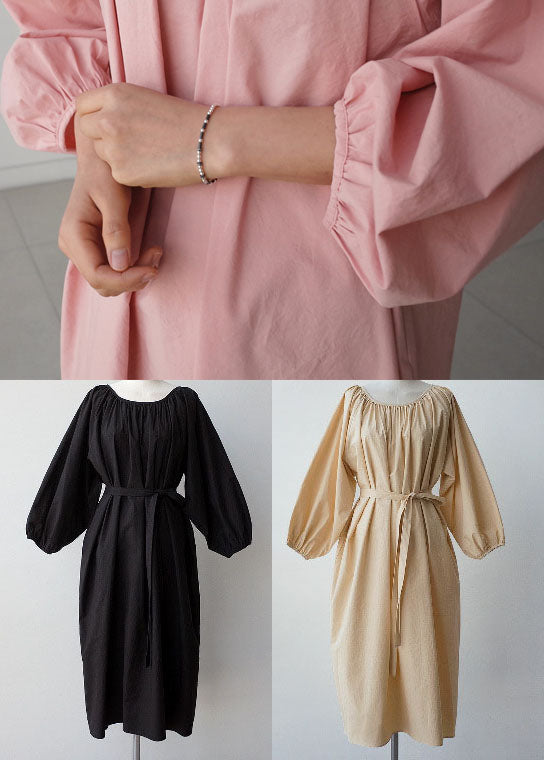 Easy Black Tie Waist Puff Sleeve Cotton Long Dress
