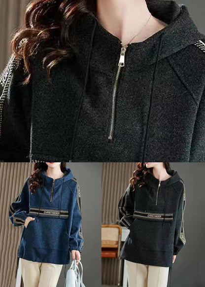 Blue Hooded Pockets Patchwork Cotton Sweatshirts Long Sleeve