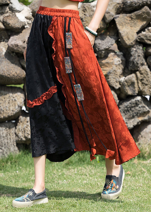 Orange Ruffled Jacquard Patchwork Silk Skirts Summer