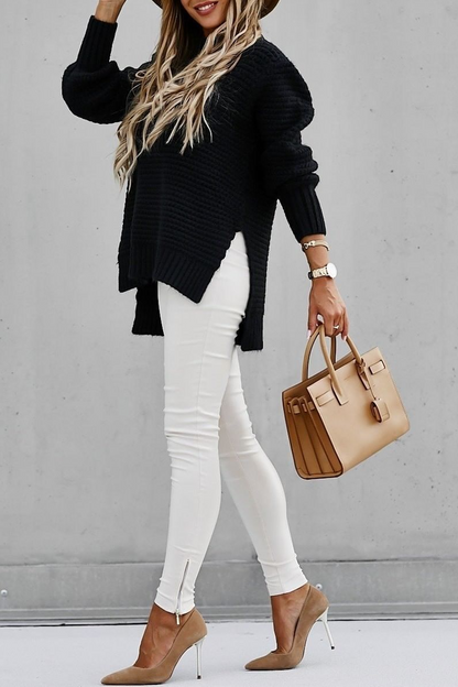 Round Neck Side Slit Sweater