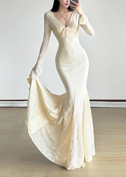 White V Neck Exra Large Hem Lace Ankle Dress Spring