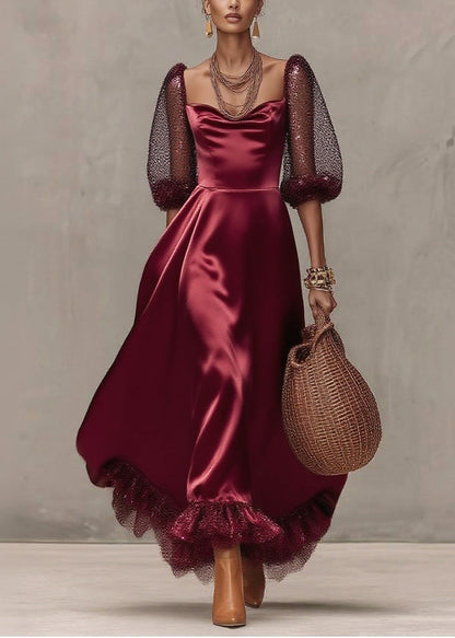Mulberry Patchwork Exra Large Hem Tulle Dinner Dress Lantern Sleeve