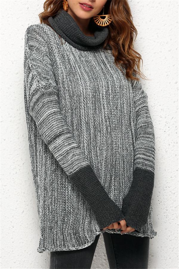 Spliced Turtleneck Loose Pullover Sweater - Black