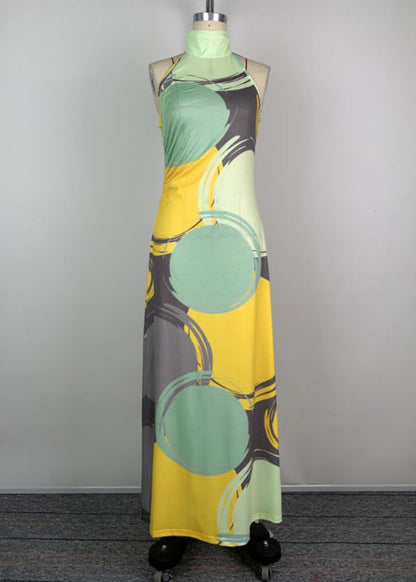 Slim Fit Green Turtleneck Print Cotton Maxi Dress Sleeveless