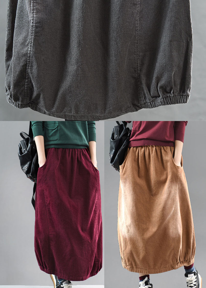 Brown Elastic Waist Corduroy Cotton Skirt