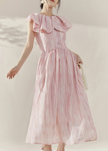 Pink Peter Pan Collar Tie Waist Maxi Dress Short Sleeve