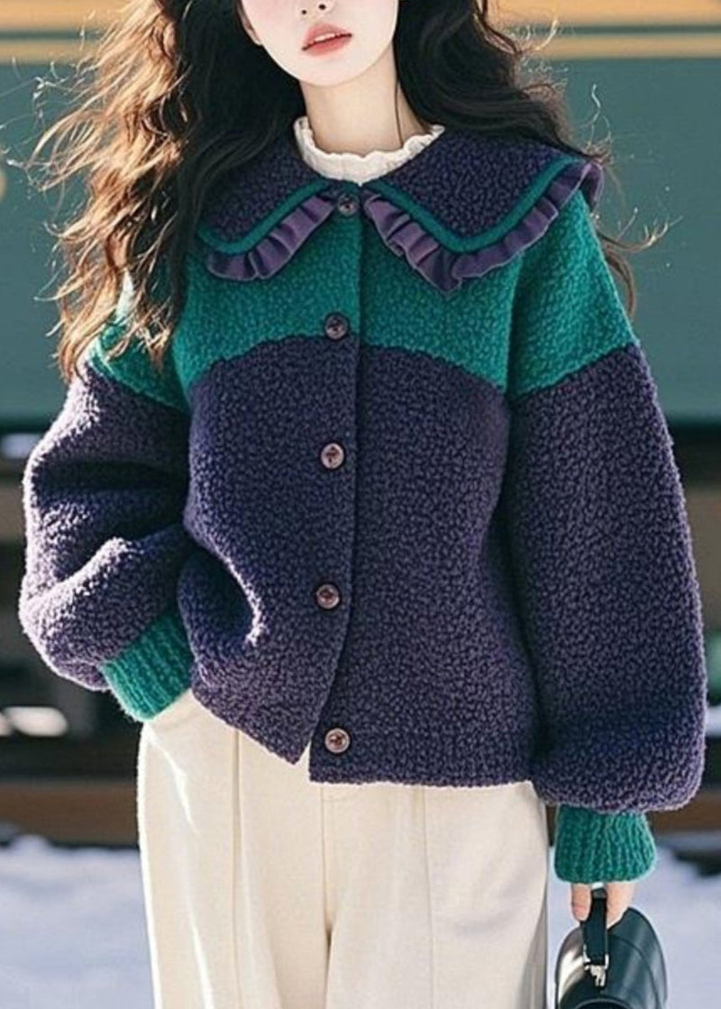 Navy Peter Pan Collar Ruffled Button Faux Fur Coat Spring