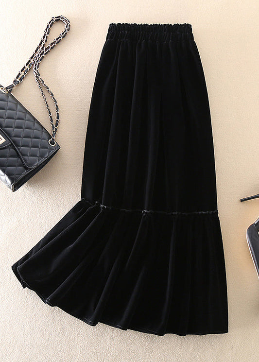Black Patchwork Silk Velour Skirt Spring