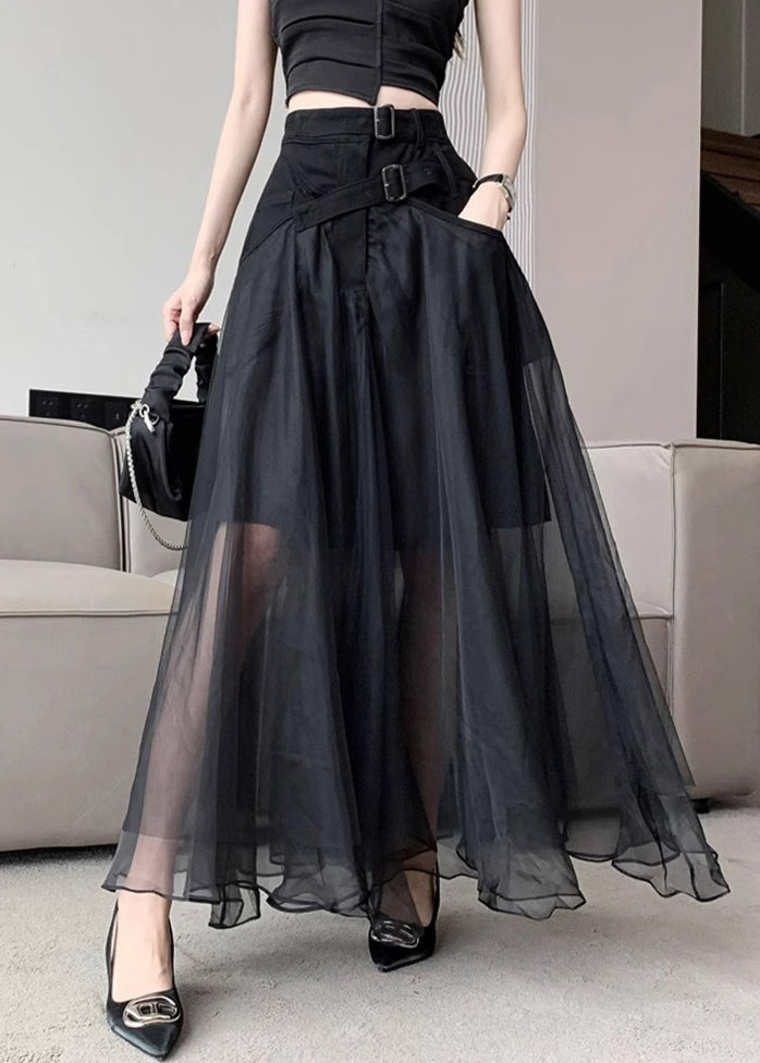 Black Sashes Pockets Tulle a Line Skirts Summer