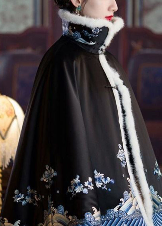 Black Faux Fur Collar Embroideried Button Silk Coats Long Sleeve