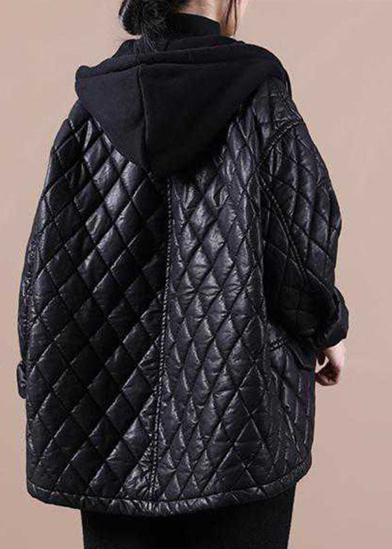 Black Hooded Zippered Patchwork Winter Winter Coats Long Sleeve