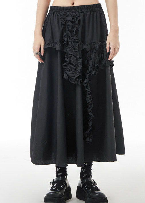 Black Elastic Waist Ruffled a Line Skirts Spring