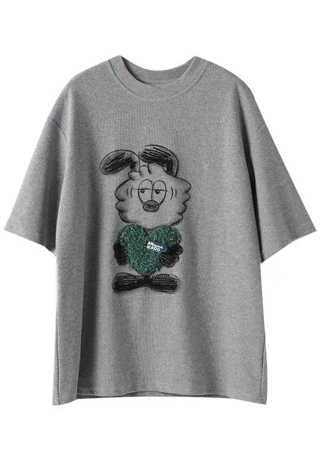 Grey O Neck Print Patchwork Cotton T Shirt Summer