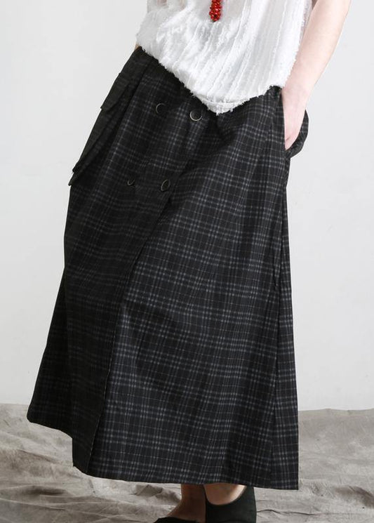 Black Plaid Button Pockets Summer Cotton Skirts
