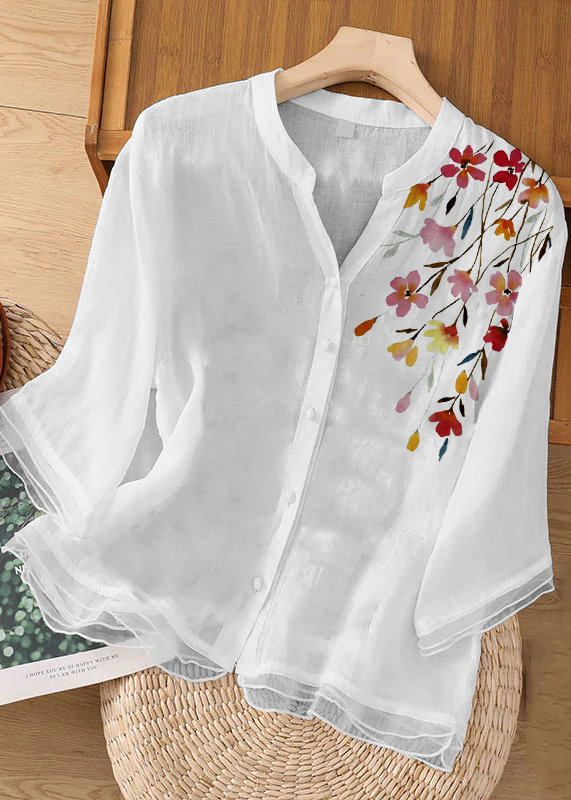 Dark Green Embroideried Button Patchwork Linen Top Bracelet Sleeve