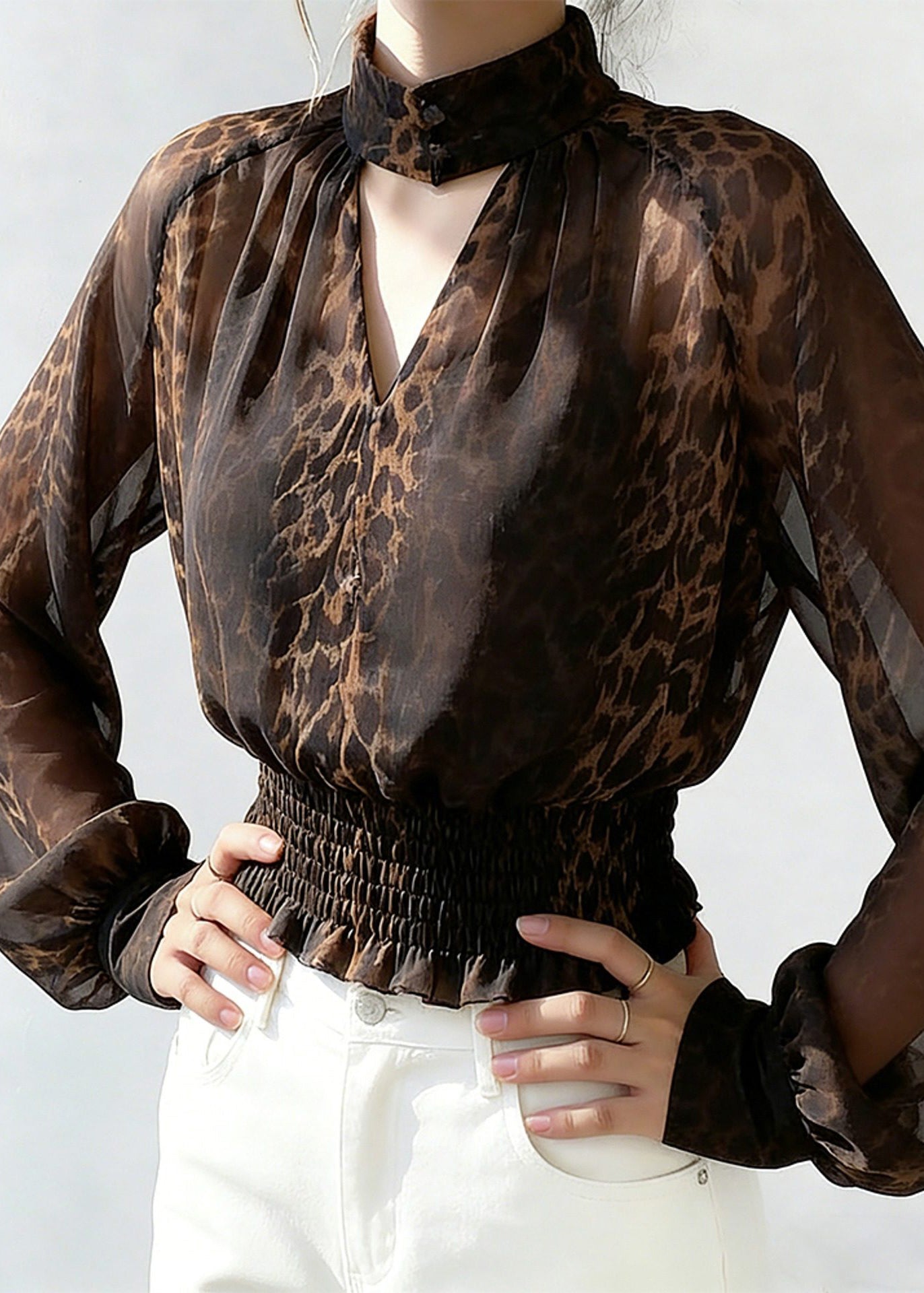 Leopard Turtleneck Hollow Out Chiffon Shirts Spring