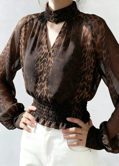 Leopard Turtleneck Hollow Out Chiffon Shirts Spring
