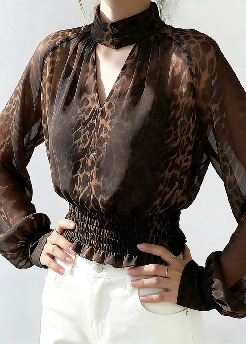 Leopard Turtleneck Hollow Out Chiffon Shirts Spring